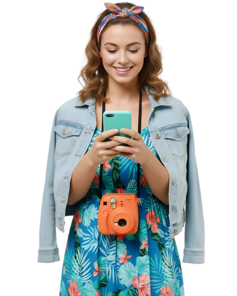 mujer con telefono en mano en costa brava